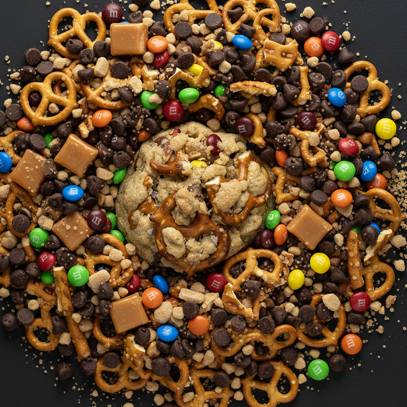 Assorted snack mix with pretzels, cookies, and candies on a black background